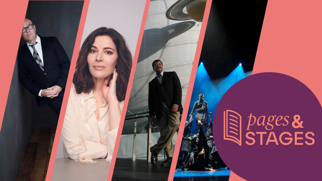 Poster with four separate photographs of people with a round purple circle saying pages & stages. pages stages blog